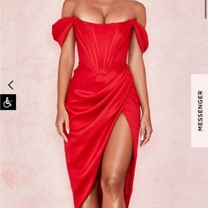 house of cb loretta red satin off the shoulder midi dress corset bustier